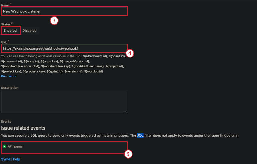 Fasi di configurazione dei webhook di Jira