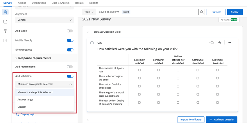 the add validation options for a likert