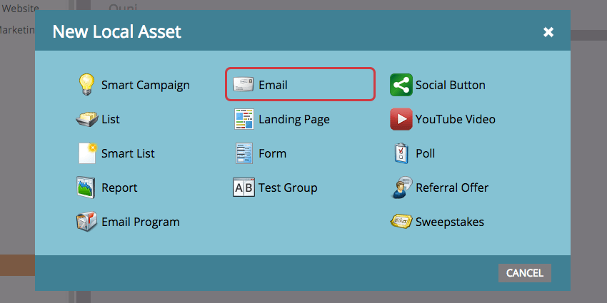Select Email in New Local Asset menu