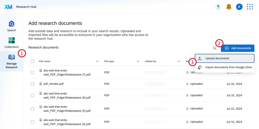 Scheda Manager research, con pulsante Aggiungi documenti