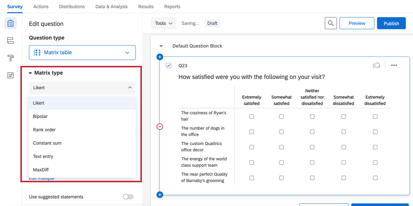 the matrix type dropdown menu on the left side of the survey builder