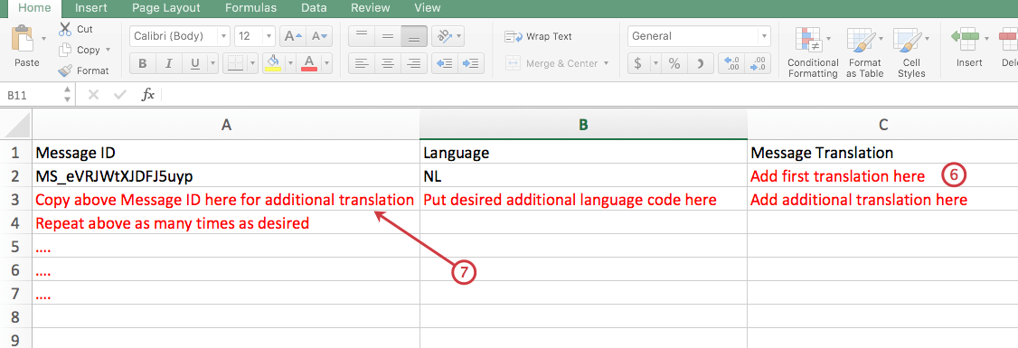Excel-Datei mit Spalten für Nachrichten-ID, Sprache und Nachrichtenübersetzung