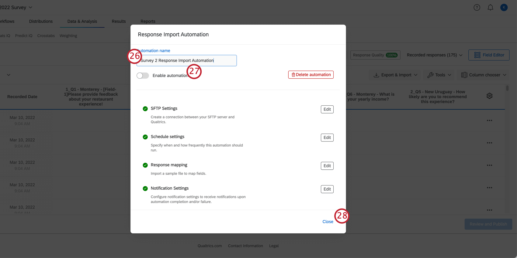 setting up a response import automation. the automation is enabled