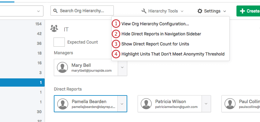 Settings button menu expanded to 4 options