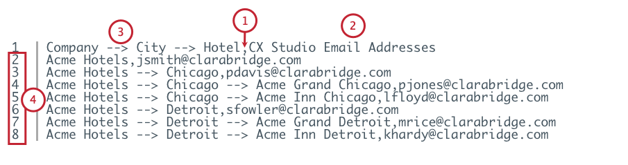 Questo è un esempio di come vengono mappate le email degli utenti in un file CSV