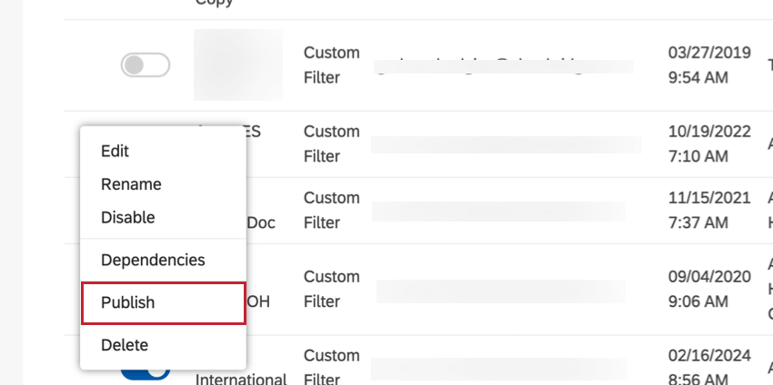 Publish in the menu options