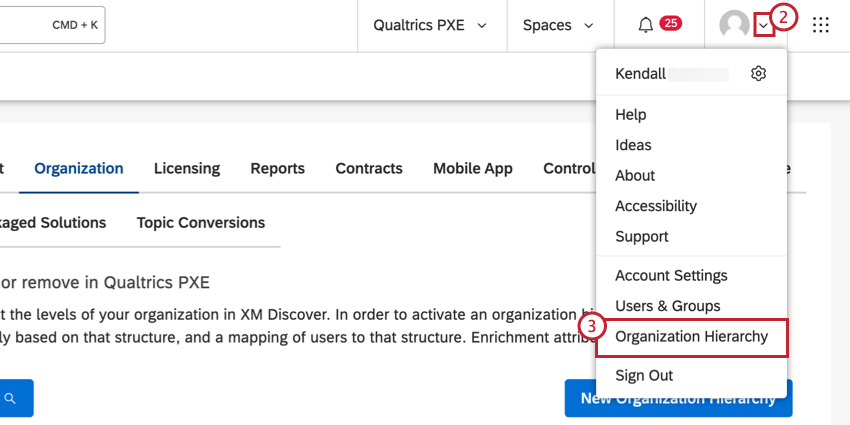 Organization Hierarchy in the account dropdown menu