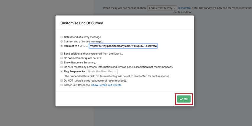 image showing the OK button highlighted in the customize end of survey screen