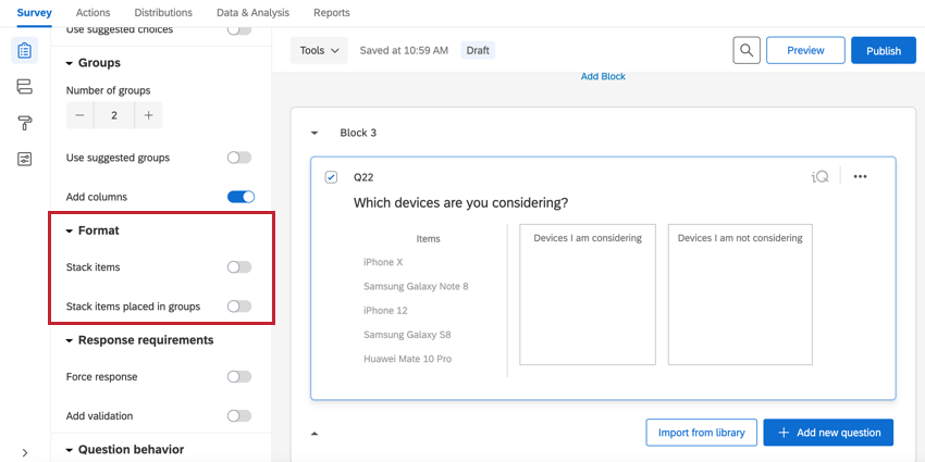 for a pick, group, rank question, the format options for stacking items and groups