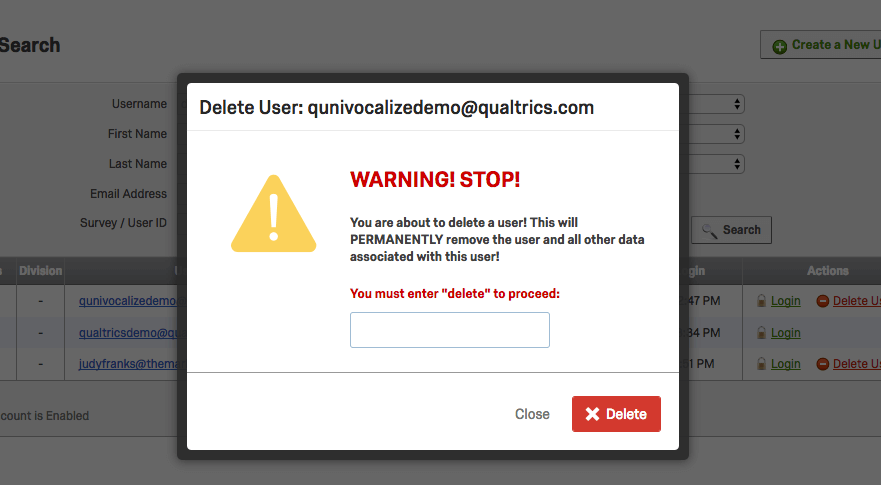 Warning message before User deletion with prompt to type the word "delete"