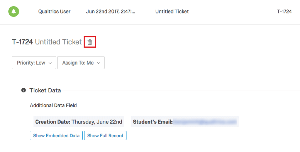 Trashcan icon used to delete tickets