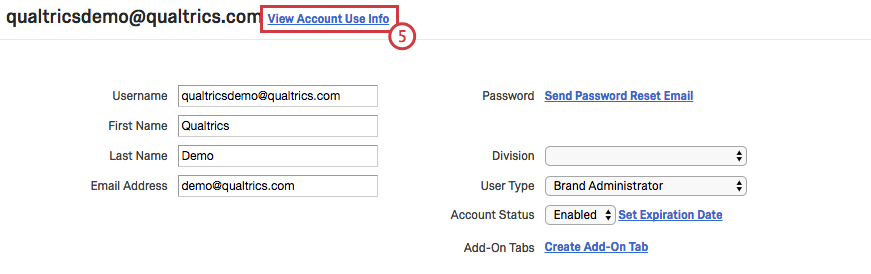 View Account Use Info option located next to Username at top of user page