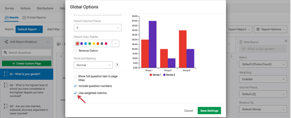 Option to use weighted metrics in Global Options of a Report visualization