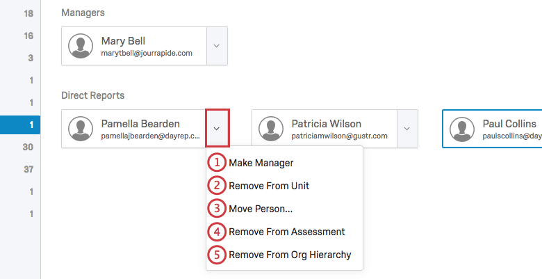 Dropdown menu next to unit member reveals 5 options