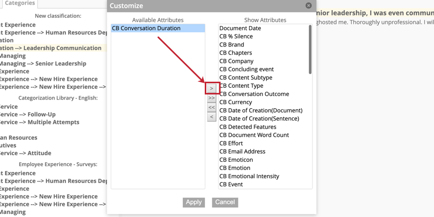 O botão de seta que move os atributos do menu de atributos disponíveis para o menu de atributos de exibição