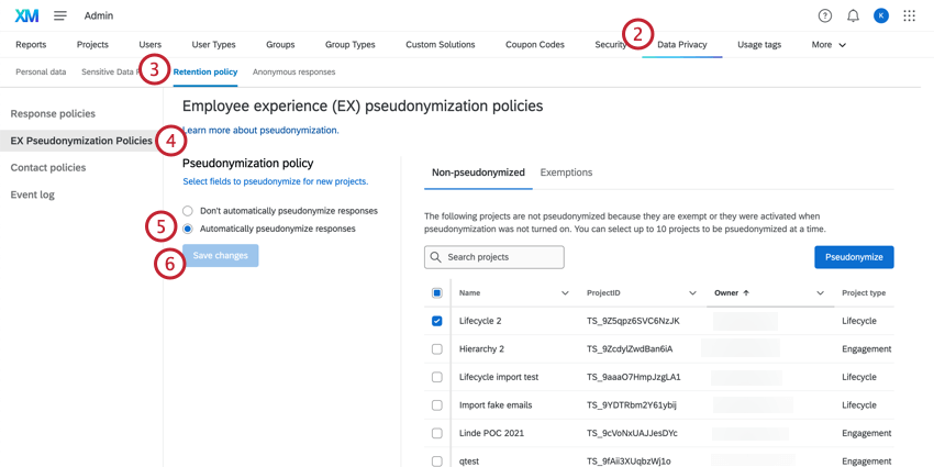 Pestaña de privacidad de datos en la configuración de administrador con la seudonimización EX resaltada.