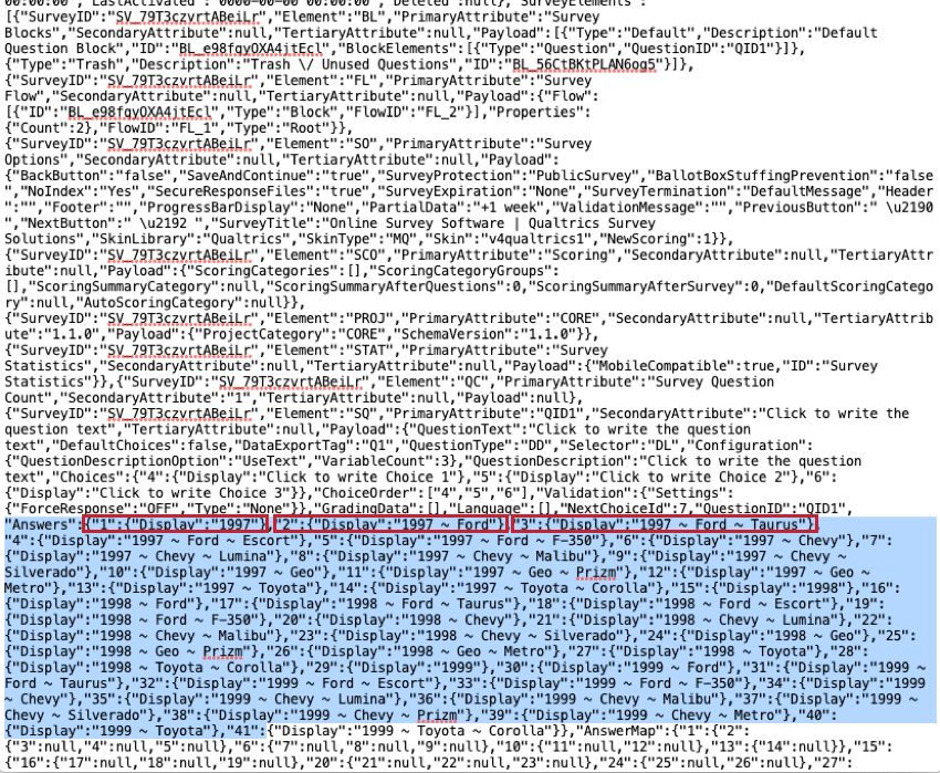 image of a QSF file in a text editor. The drill down answers are highlighted in blue and the first three are outlined in red. The first three answer choices are: "1997," "1997 - Toyota", and "1997 - Toyota - Taurus". To access the full list of answers, download the example QSF in the linked section.