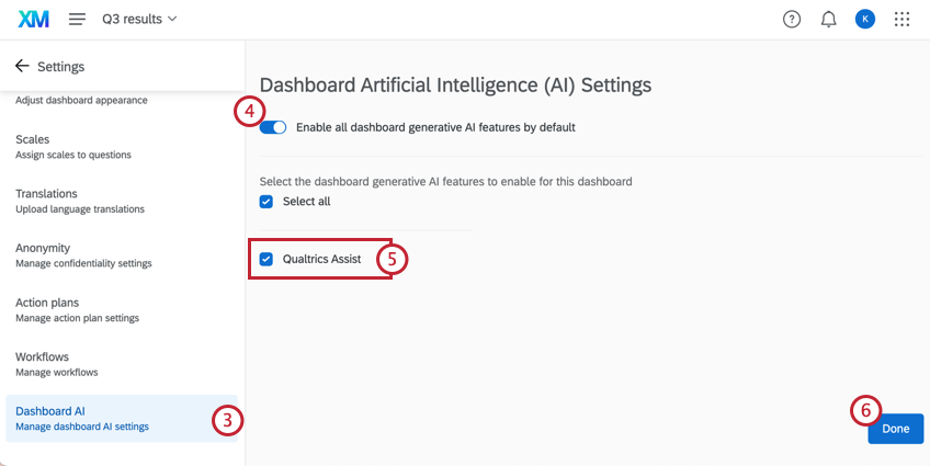 ダッシュボードAIの設定、［Qualtrics Assist］オプションが強調表示されている