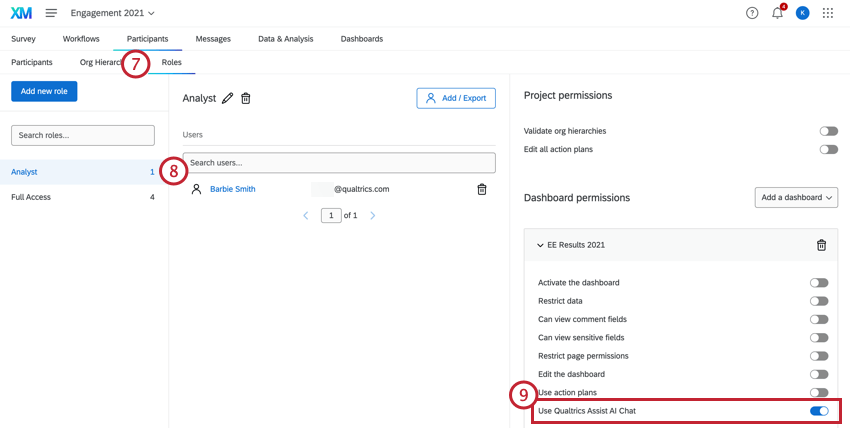 Autorisations des rôles, l’autorisation Utiliser Qualtrics Assist est activée