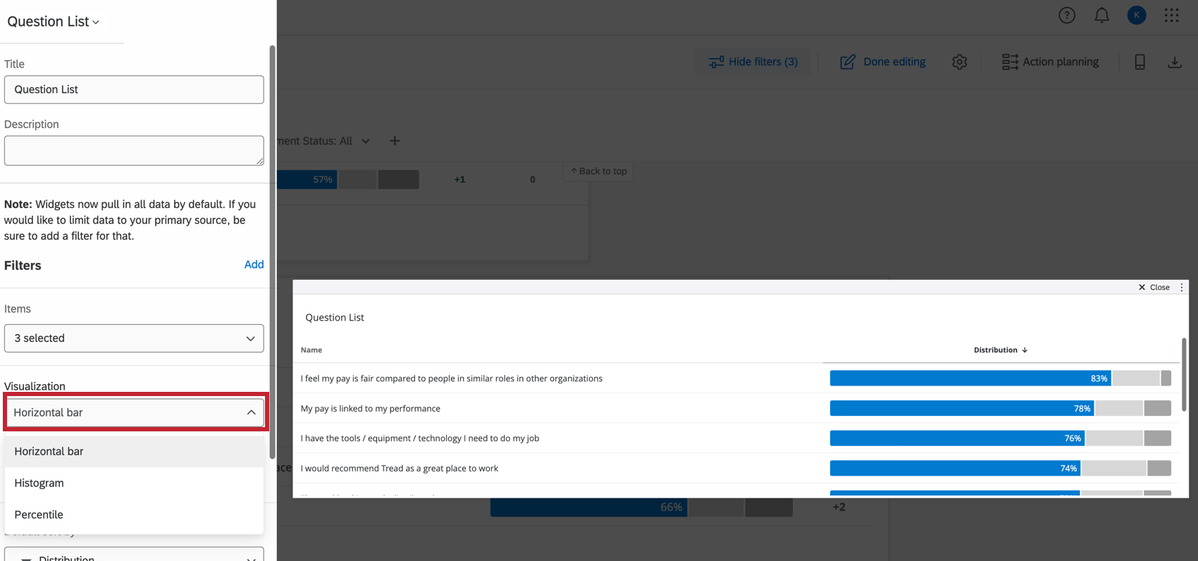 Visualization options in the question list widget