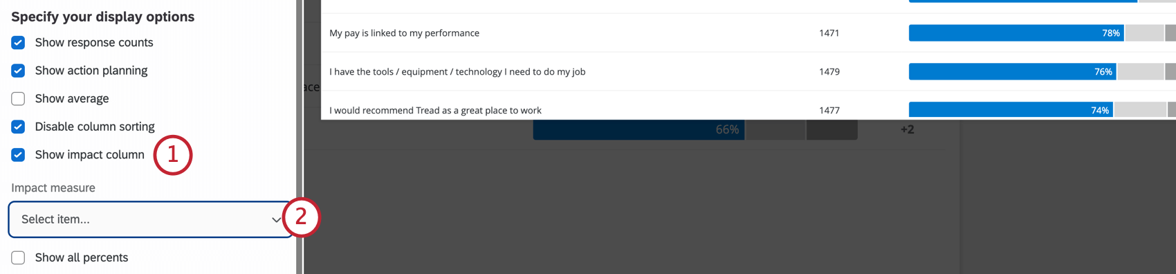 Select the show impact column and highlight the impact measure dropdown