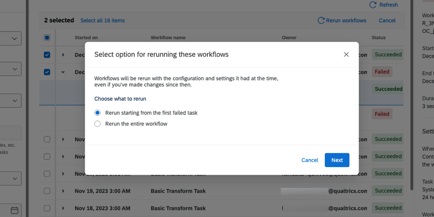 Rerunning workflows customization and confirmation menu