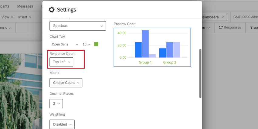 La configuración del recuento de respuestas para determinar dónde aparecen los recuentos de respuestas en las visualizaciones.