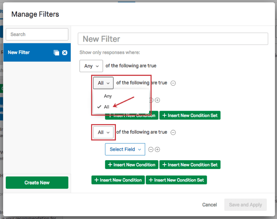 Any or All of the following dropdown above every filter set