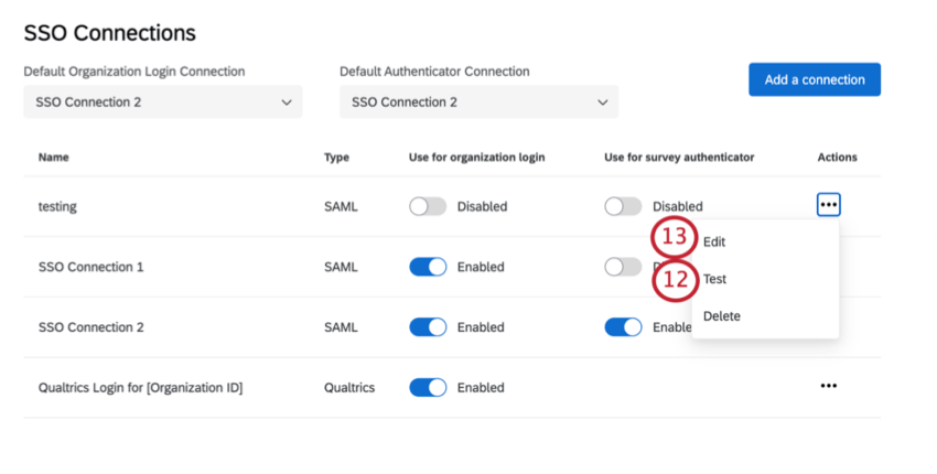 SSO接続の横に表示される［アクション］ドロップダウン内の［テスト］と［編集］オプション