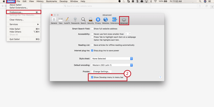 Image of the Show Develop menu in menu bar option in the Preferences menu in Safari