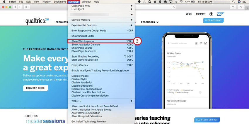image of the show web inspector option in Safari