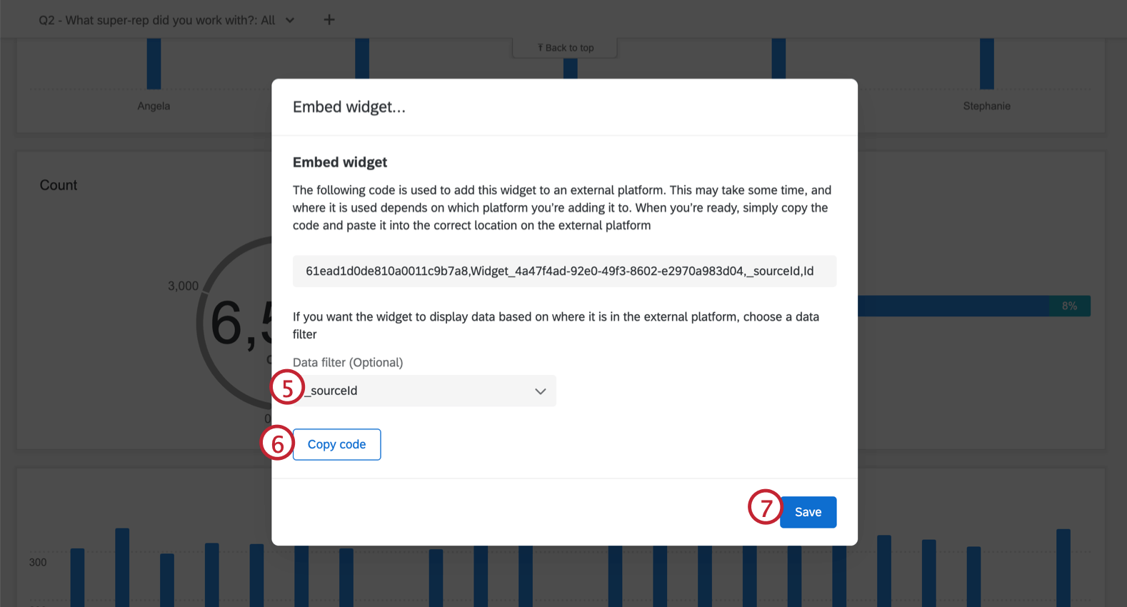 Shows steps to add data filter, copy code, and save