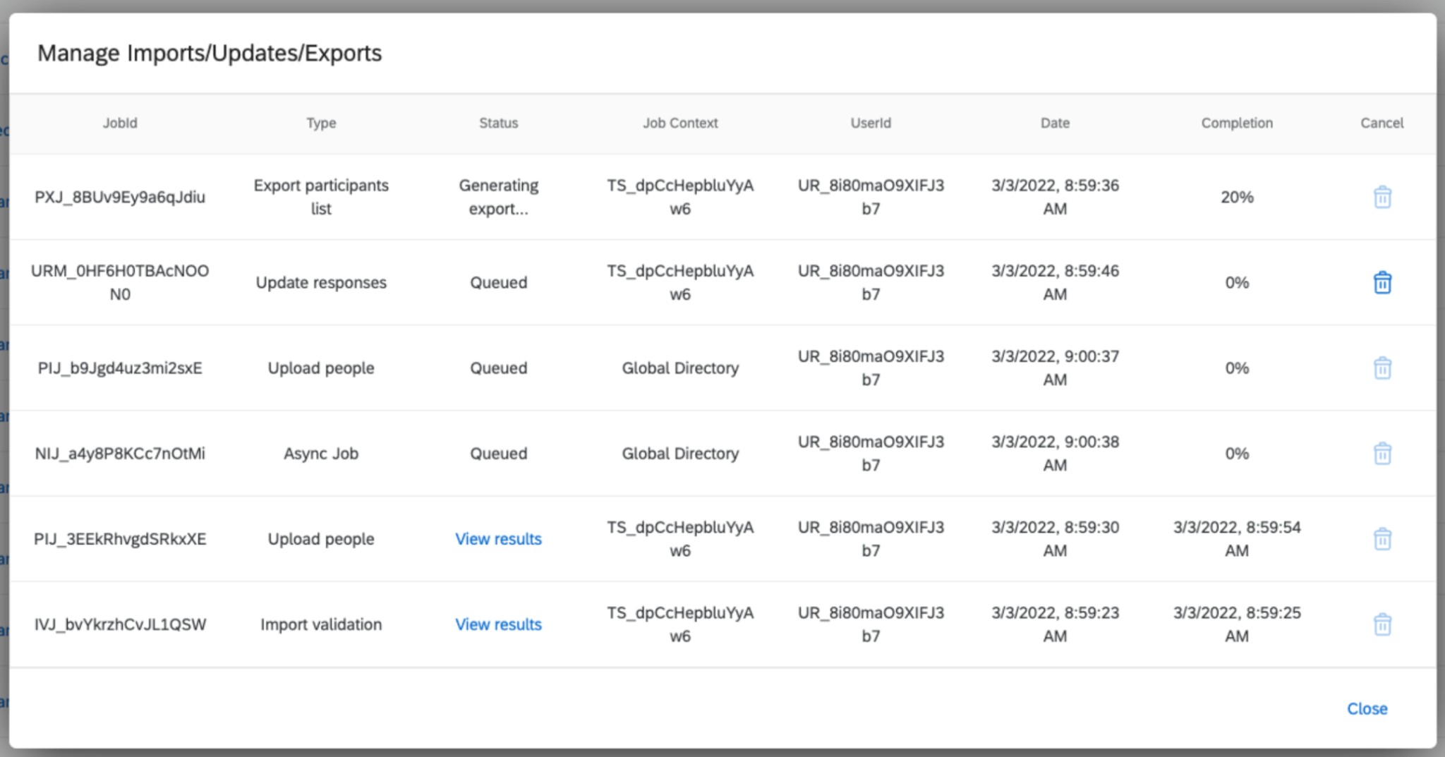 Queuing multiple jobs asynchronously within the Manage Previous Imports/Updates window lists imports and updates