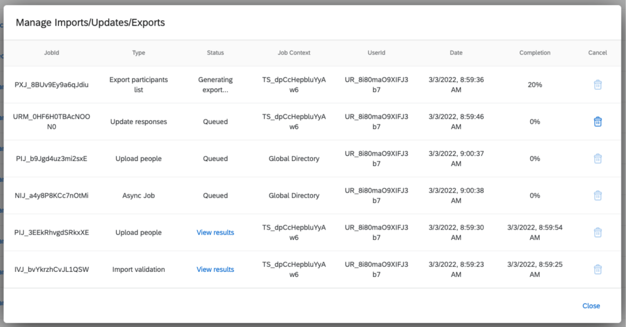 Manage Previous Imports/Updates window lists imports and updates