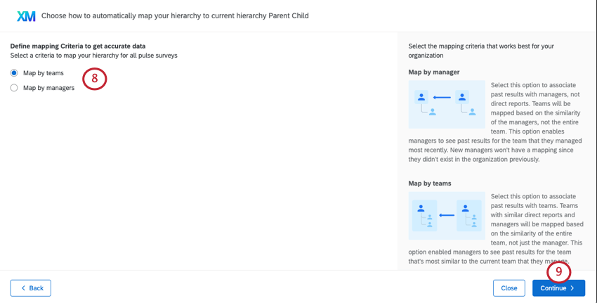 Dropdown named select mapping criteria. in a panel to the right is an explanation fo the map by manager vs. the map by team options