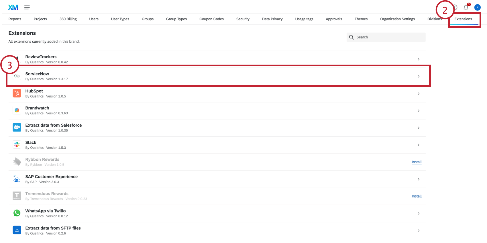 Shows Servicenow extension in Admin tab