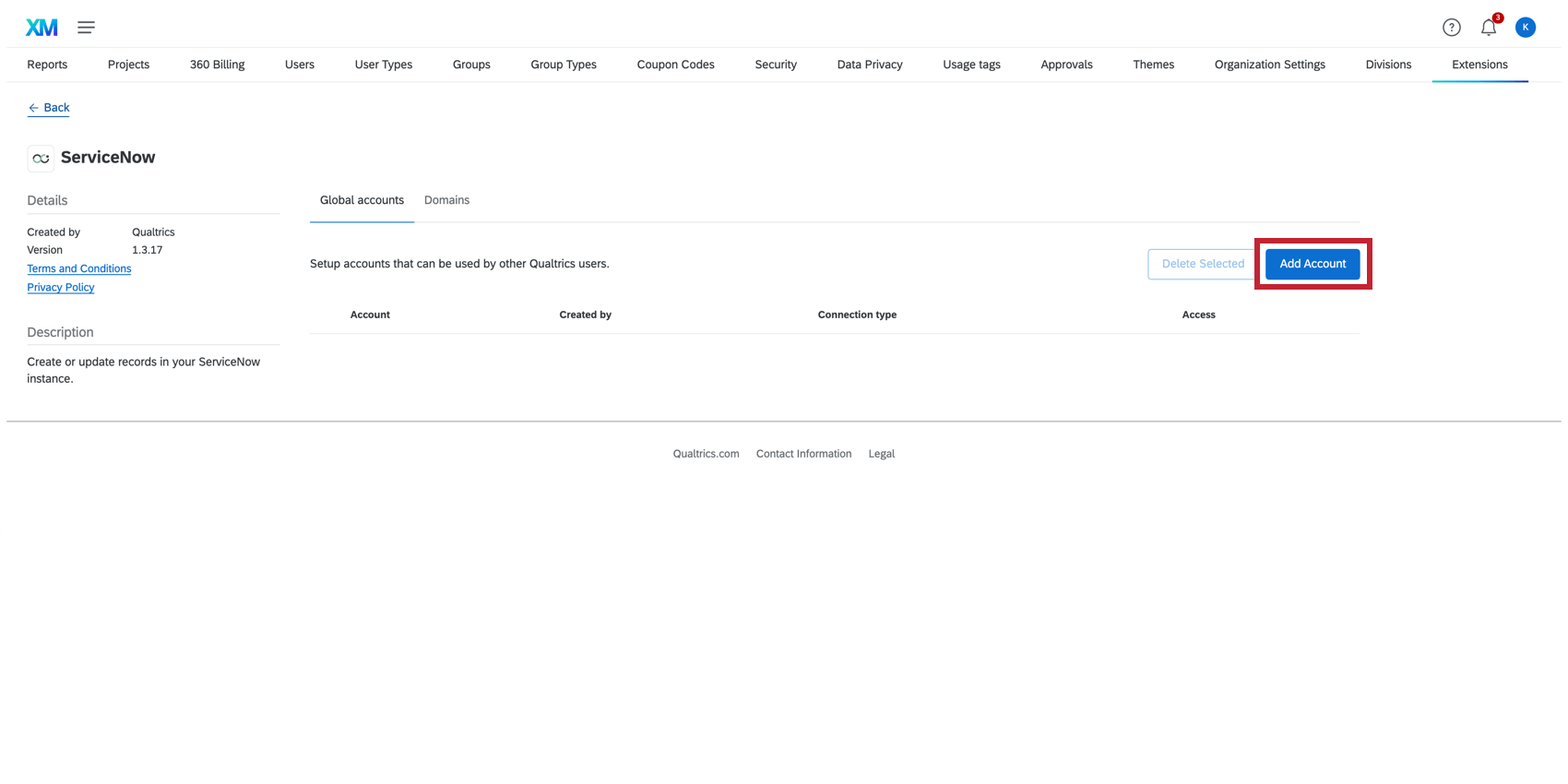 Shows "Add Account" in servicenow extension page