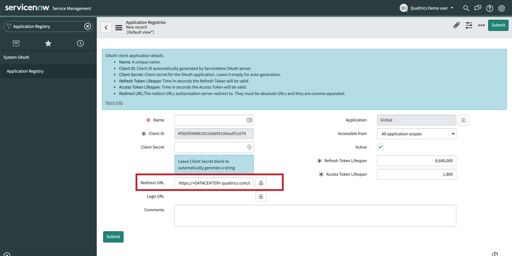 Url indique où saisir les URL de redirection dans Servicenow