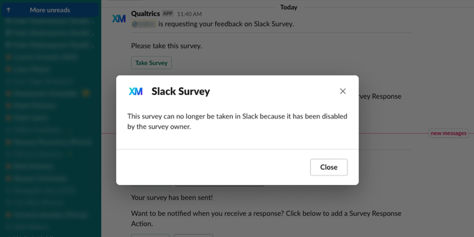 image of the "this survey can no longer be taken in slack because it has been disabled by the survey owner" error message