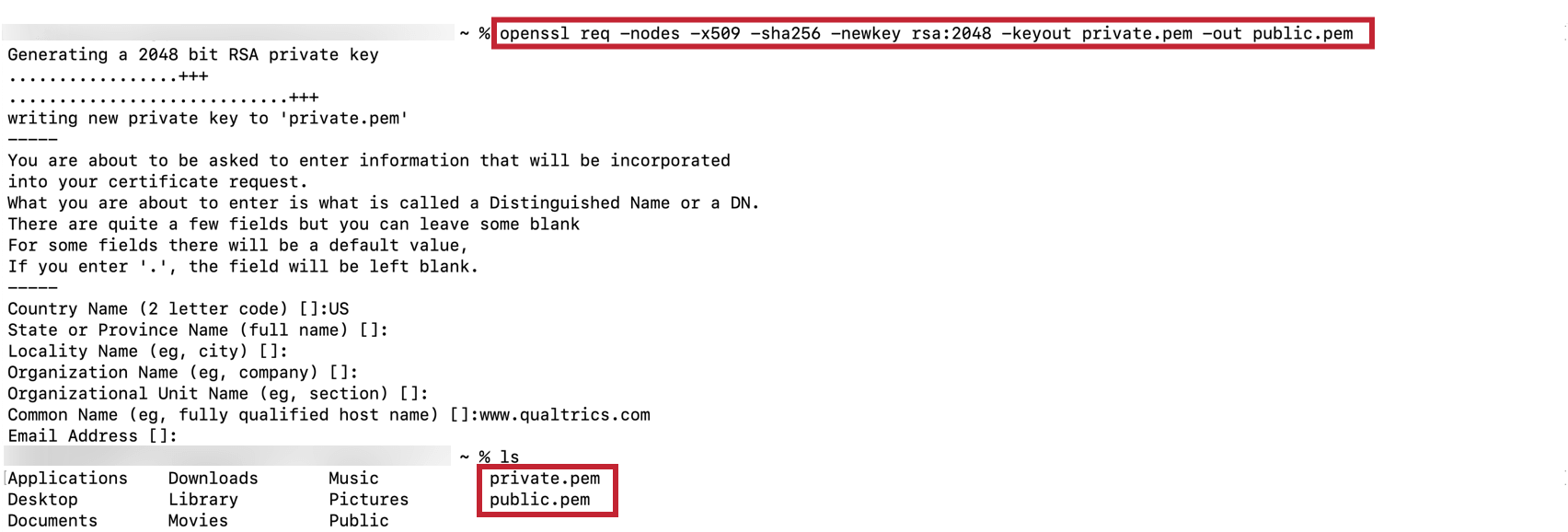 Shows certificate generation in OpenSSL panel.