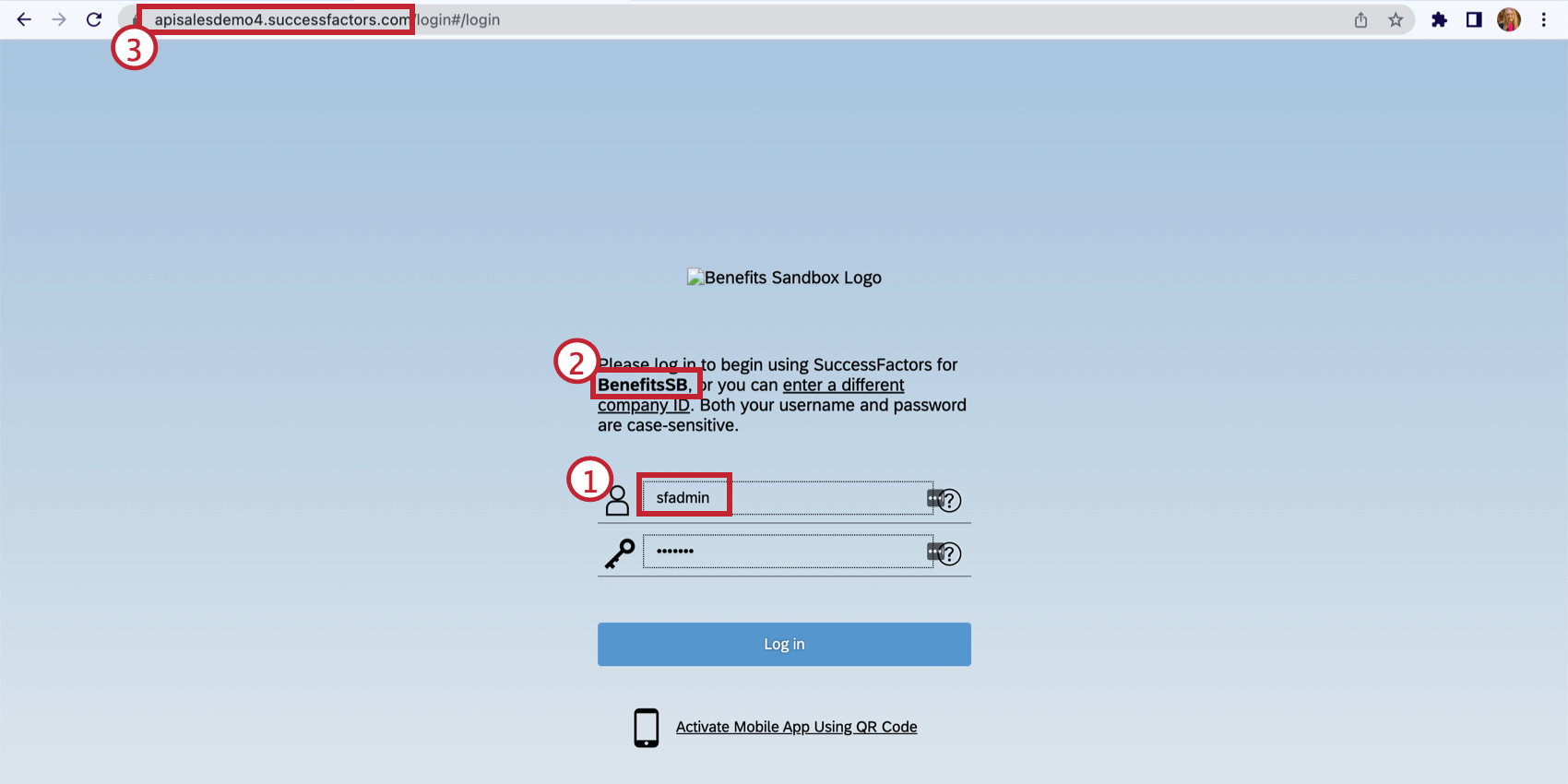 Screenshot of the SuccessFactors login page