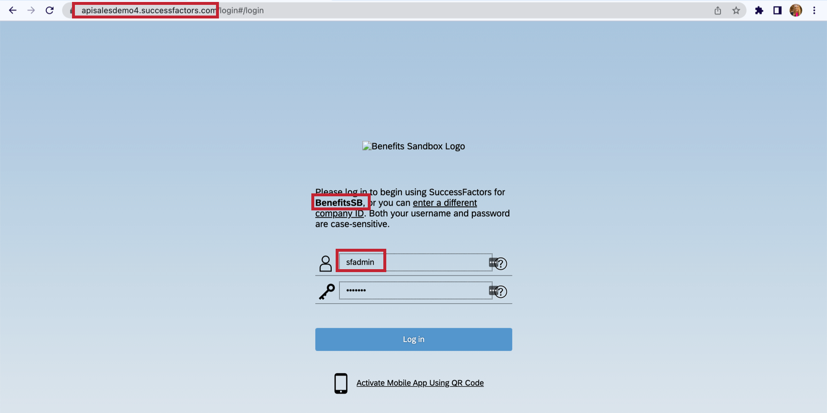 Pantalla de inicio de sesión de Successfactors con identificaciones clave resaltadas.