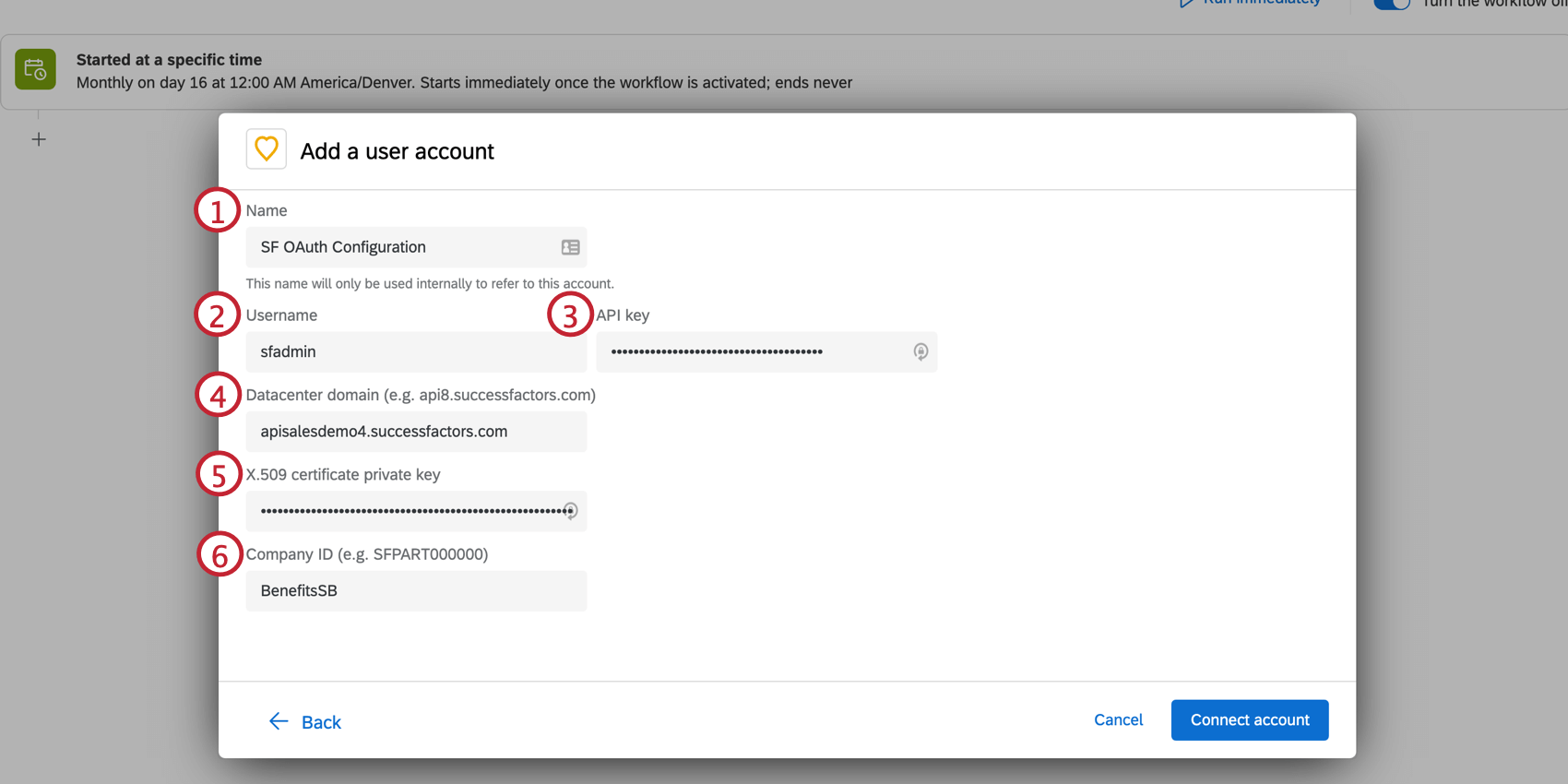Muestra la información necesaria para ingresar en una Tarea de extracción de datos de Qualtrics .
