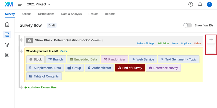 the plus and minus signs in the top right corner of the survey flow