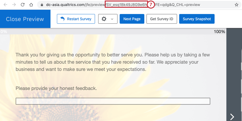 アンケートをプレビューしているページの URL には、SV_ で始まるアンケート ID が表示されます。