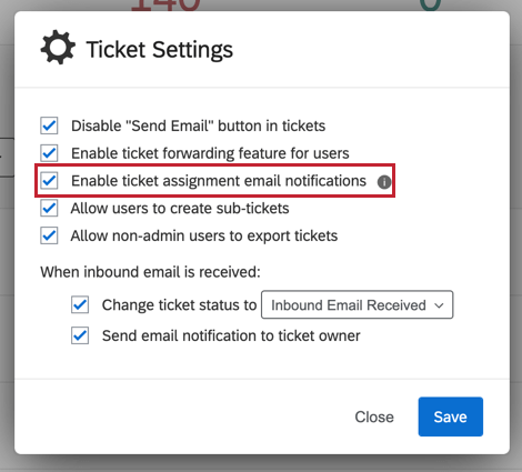 image of the "enable ticket assignment email notifications" option