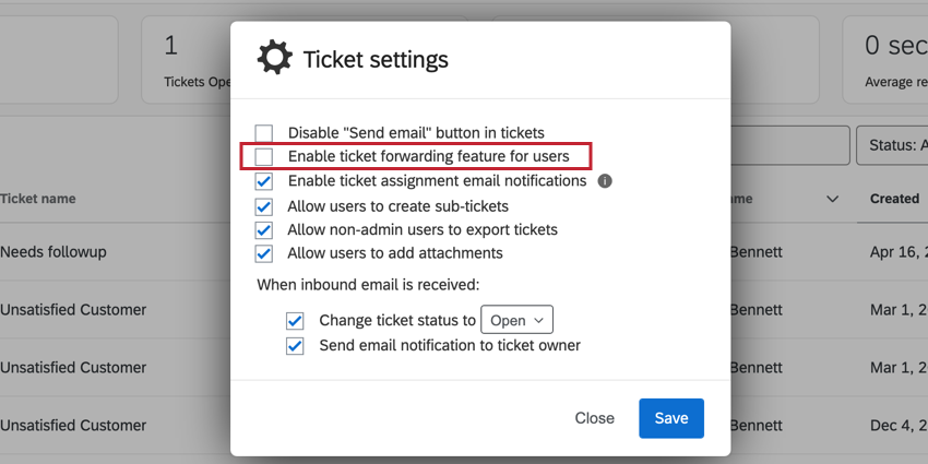 Enable ticket forwarding feature for users