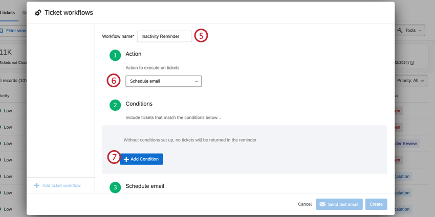 Workflows window where the workflow is named inactivity remidner and step 1, action, is set to schedule email