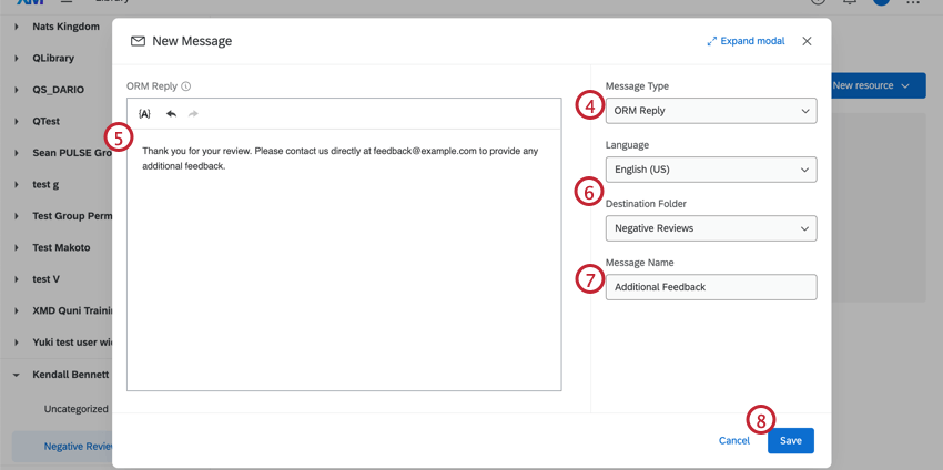 Configuring the properties of a new ORM Reply type message