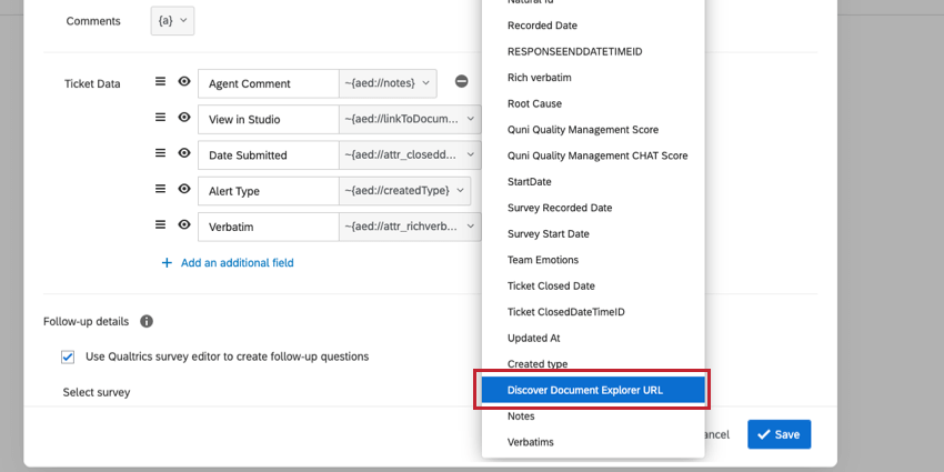 Discover Document Explorer URL field in ticket data